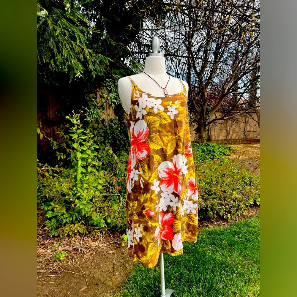 Tropical Floral Mini Dress - Brown with Red and White Accents